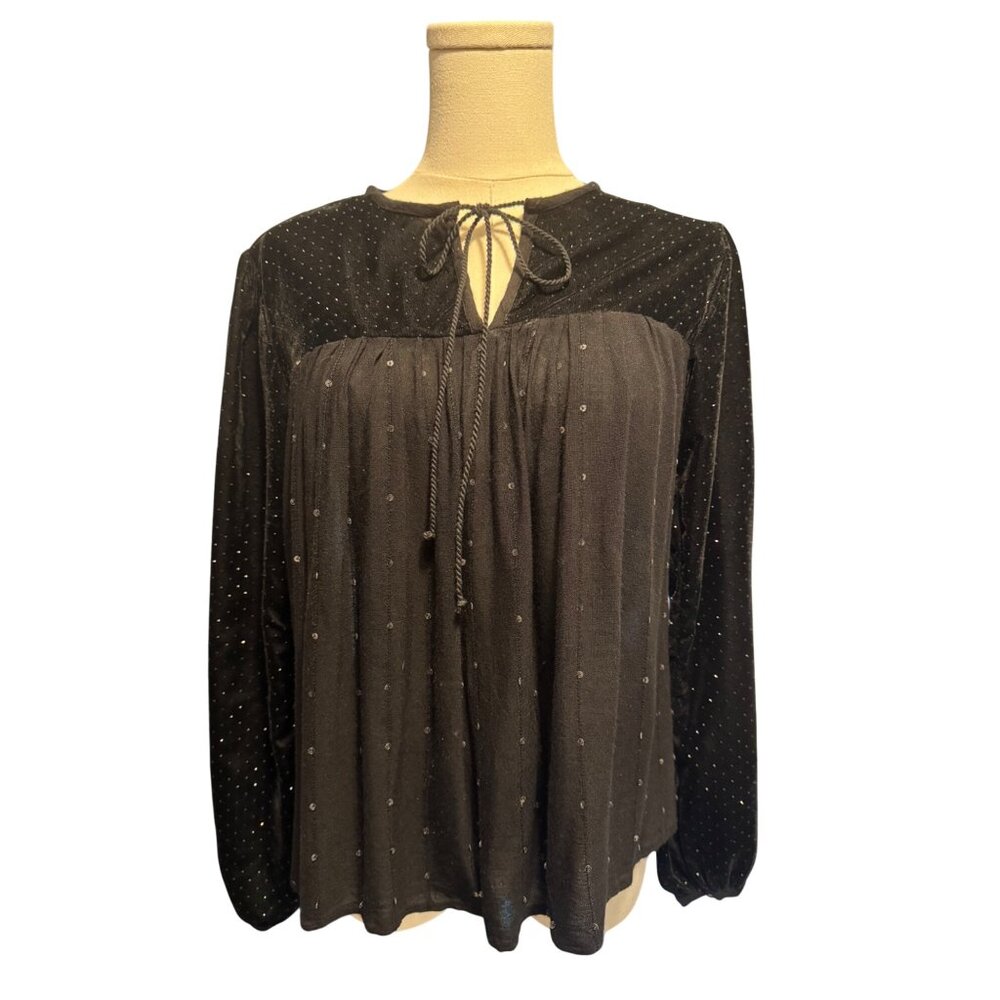 ZARA Medium Black Velvet & Sequins Long Sleeve Top Delicate Tie Neckline